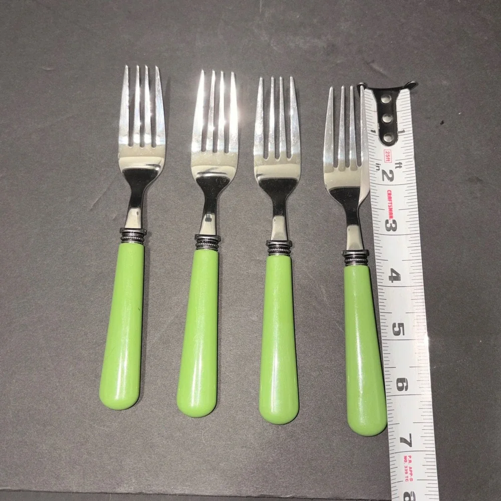 Set/4 Light Green Resin Handle Stainless Steel Salad Forks Beaded Bolster 6.75